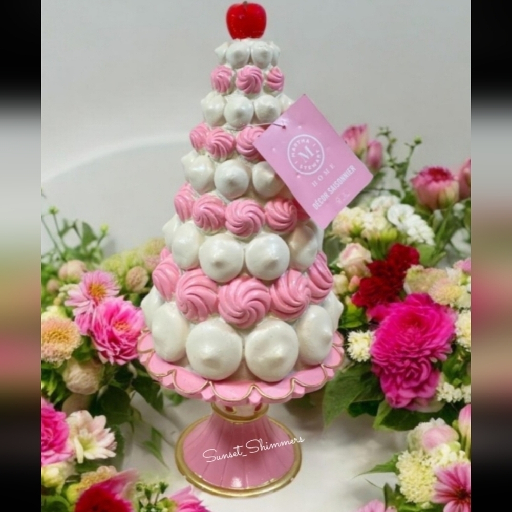 15" MARTHA STEWART Pink White Christmas Tree Cake w Cherry Pedestal Decor NEW - Picture 2 of 7